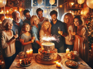 New Year cake with celebrating people