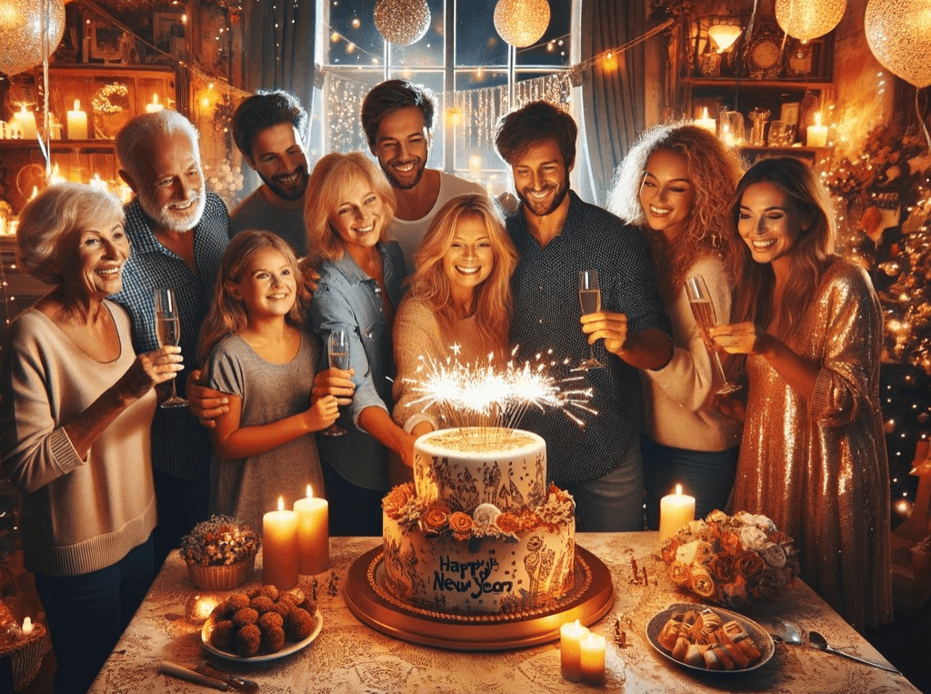 New Year cake with celebrating people