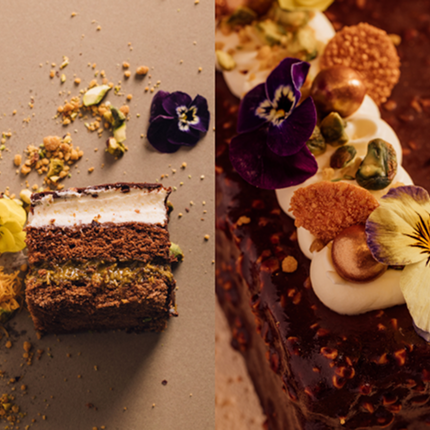 Two chocolate cakes with flowers and nuts on top.